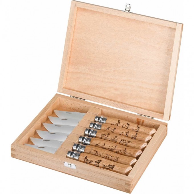 Набор в деревянной коробке из 6 ножей OPINEL №8 ANIMALIA, нержавеющая сталь, рукоять дуб, гравировка 001637 Набор в деревянной коробке из 6 ножей OPINEL №8 ANIMALIA, нержавеющая сталь, рукоять дуб, гравировка 001637