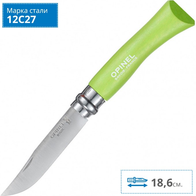 Нож OPINEL №7, нержавеющая сталь, зеленый, блистер 001607 Нож OPINEL №7, нержавеющая сталь, зеленый, блистер 001607