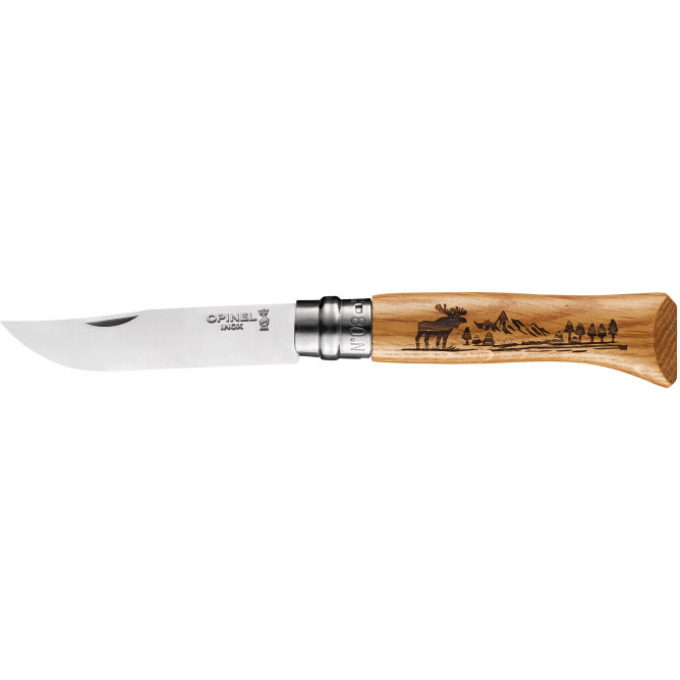 Нож OPINEL №8 ANIMALIA, нержавеющая сталь, рукоять дуб, гравировка лось 002627